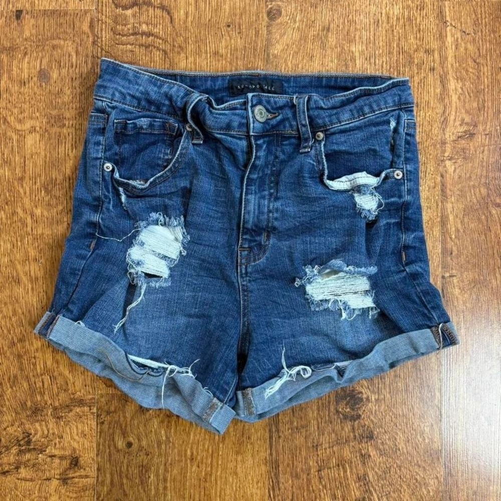 Aeropostale Super High Rise Midi Blue Distressed Denim Shorts Size 8